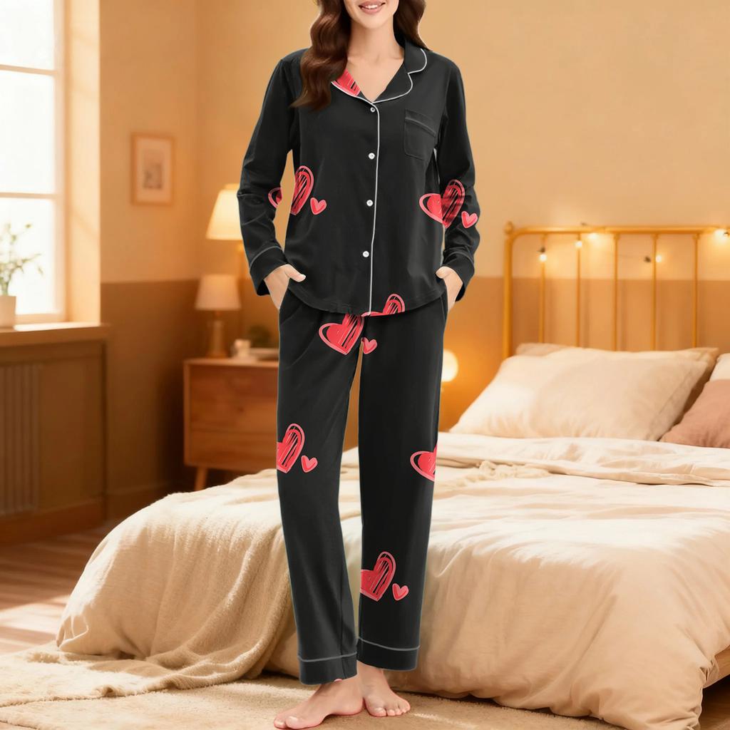 Women's Casual Fashion Heart Print Long-Sleeved Top And Trousers Homewear Set