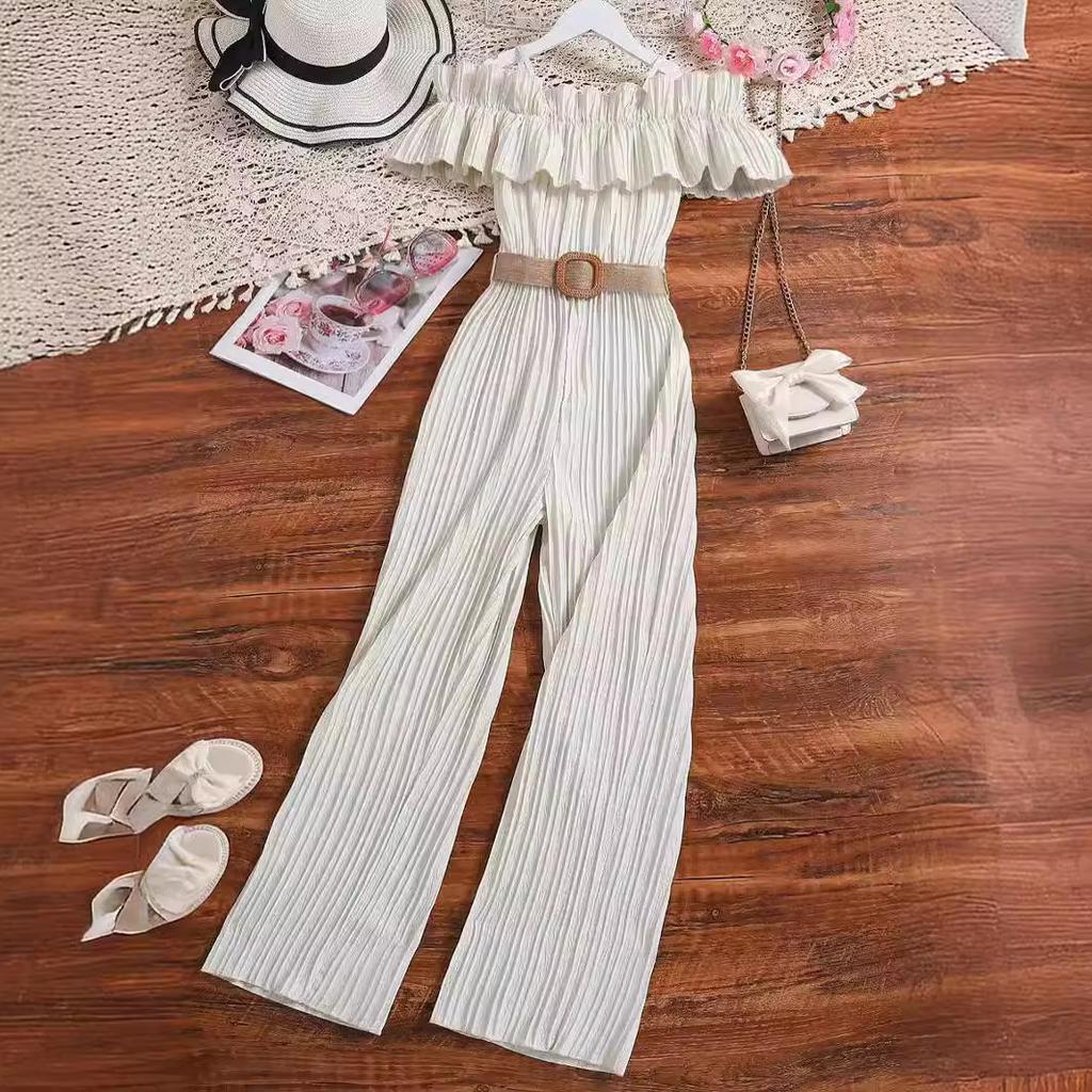 Sweet Rompers for Girls Summer Kids Fashion Suspender One-line Shoulder Patchwork Lace Waist Rompers