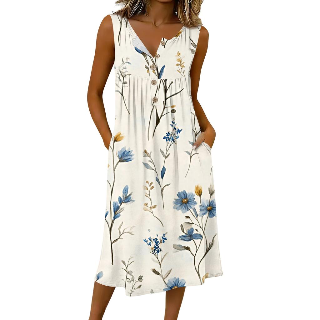 Women's Casual Sleeveless Button-down Mid-length Dress