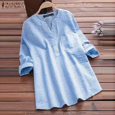 Blusa Casual Larga a Maniche Lunghe con Scollo a V a Righe con Bottoni Larga da Donna