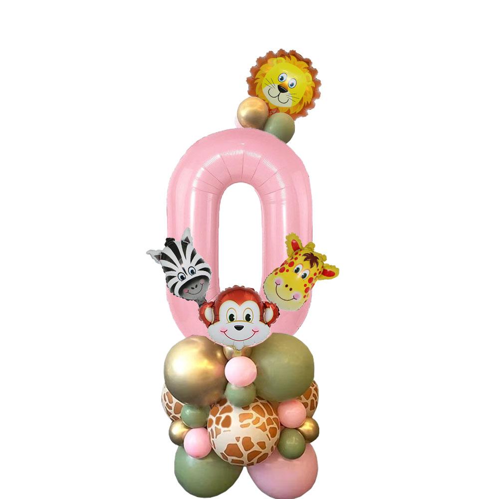 1set Carton Animal Balloon Tower with Pink Number Balloon for Girl's Wild One Themed Jungle Safari Birthday Party Decorations