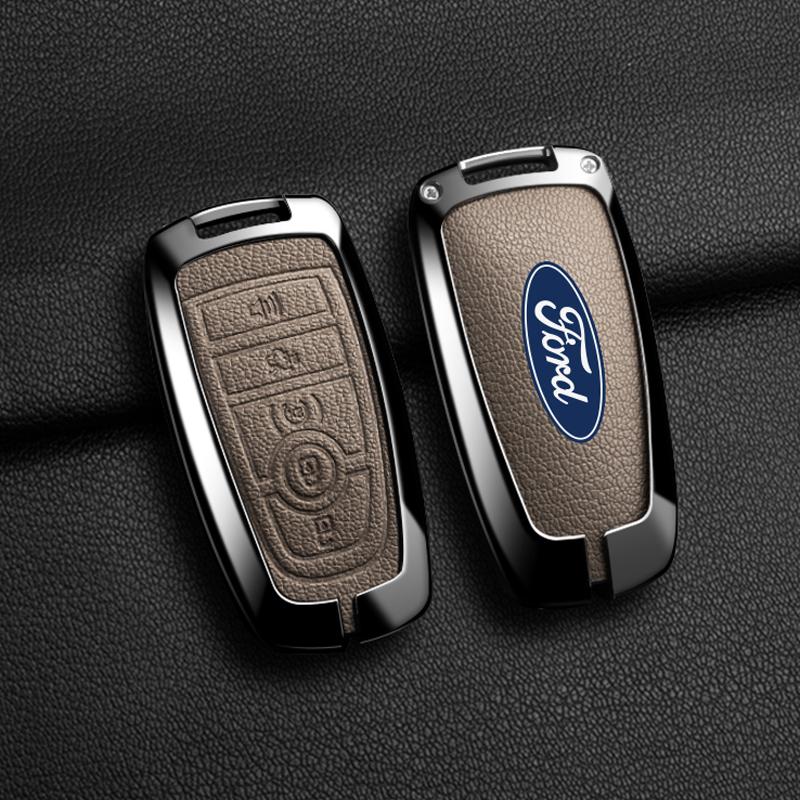 AAAMX1 Alloy Leather Car Key Fob Case Cover for Ford Fusion F150 F250 F350 F450 F550 Edge Explorer Escape Mustang 2018 2019 Protector