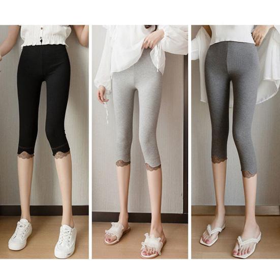 Women Cropped Leggings Elastic Tight Fit High Waist Lace Splice