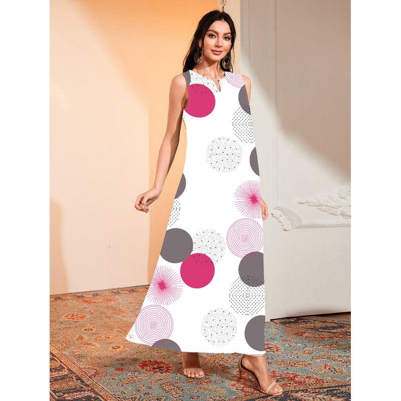 

Summer Thin Section Plus size women clothing European and American 3D Print Fashion V-neck Pocket Long dress Big Hemline Sexy Sleeveless Dress White circle S