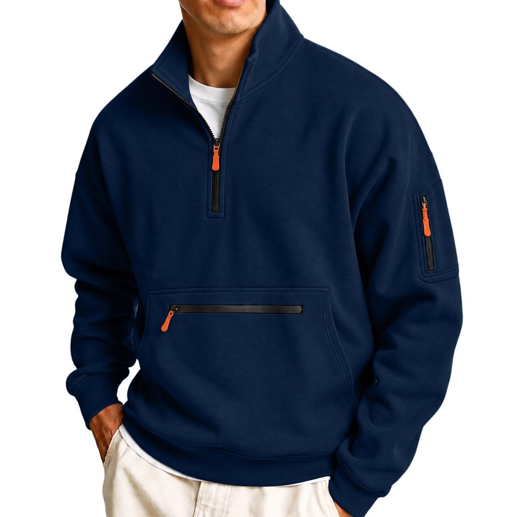 Men's Sweatshirt Stand Collar Casual Pullover Hoodless Long Sleeve Top