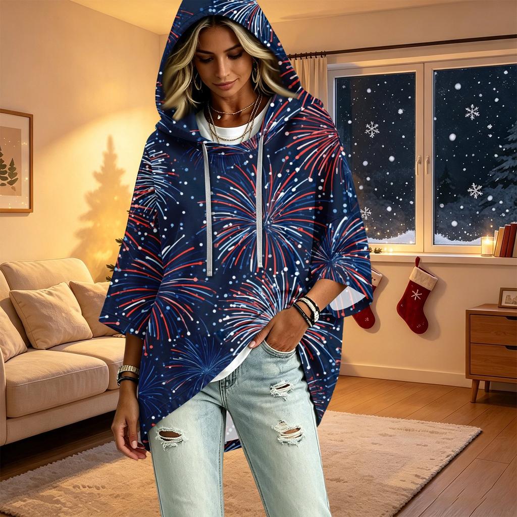 Women's 3/4 Sleeve Christmas Print Hooded Pullover Top Casual Holiday Outfit