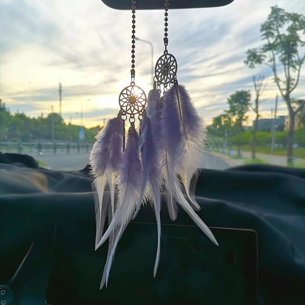 Feather Mirror Car Pendant for Girls Lucky Ornament Hanging Charm Home Decor Car Interior Accessories