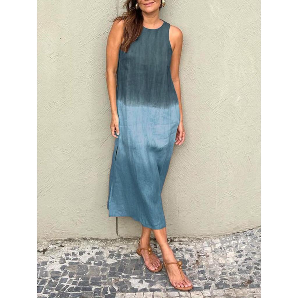 Summer Gradient Casual Cotton Linen Sleeveless Slit Dress for Women, European American Style Ladies Sundress