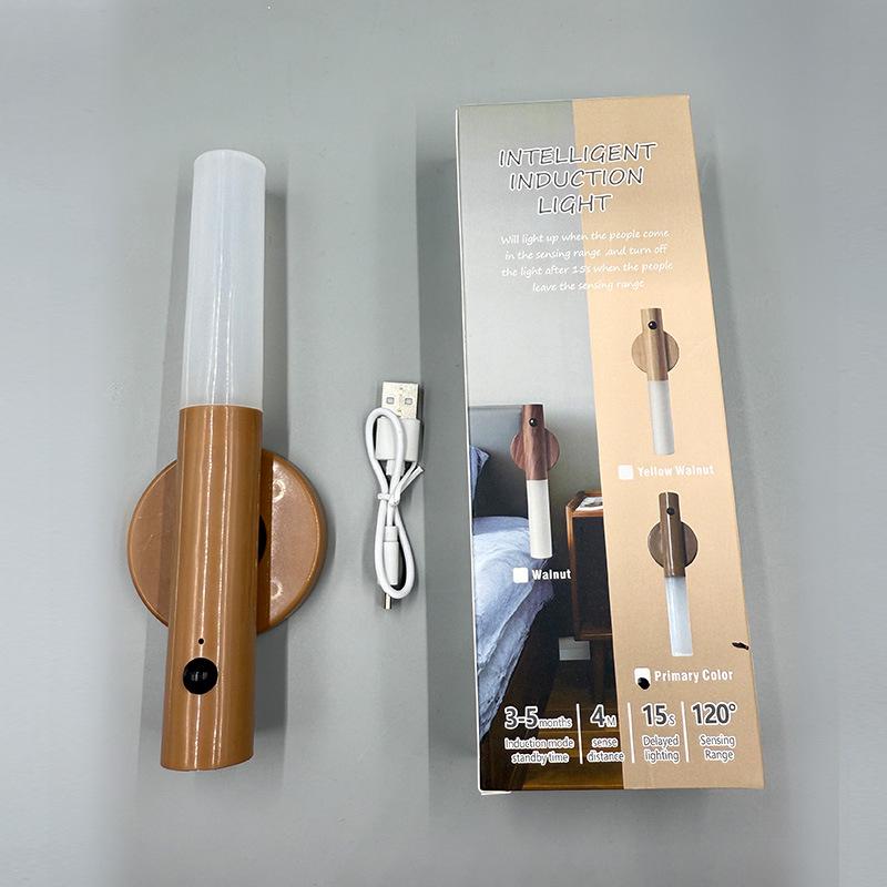 Wood Grain LED Sensor Night Light: Rechargeable, Magnetic, Auto Induction for Bedroom or Hallway