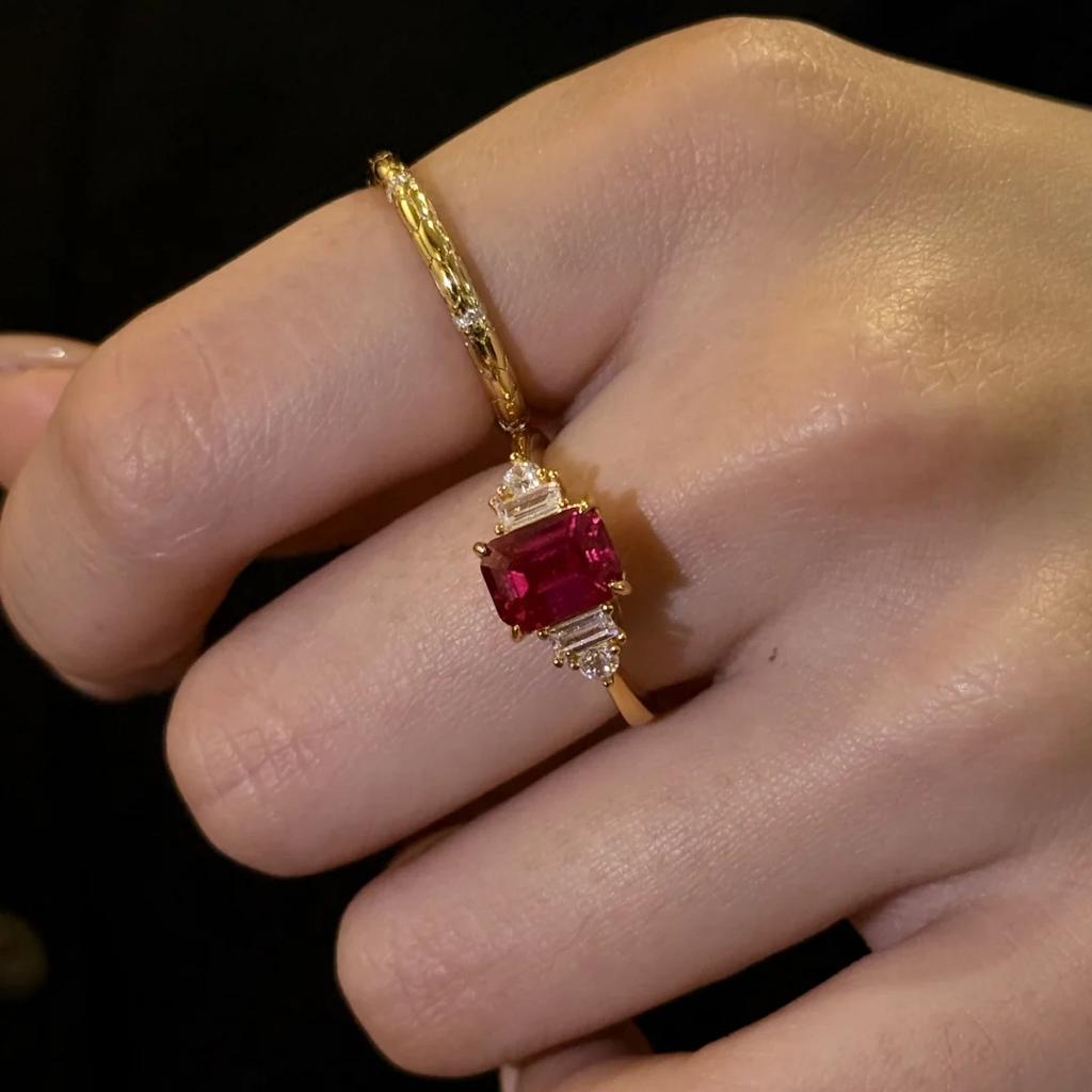 French Retro Classic  Gold Plated Lab Ruby Rings For Women Vintage Red Zircon Princess Banquet Finger Rings Trendy Jewelry