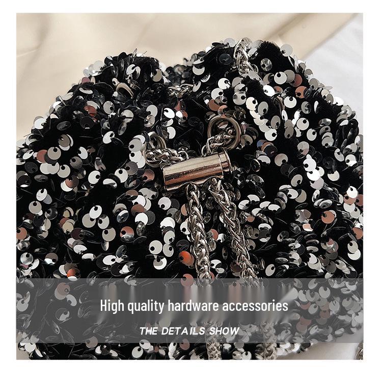Chic Sequin Korean-Style Bucket Bag: Trendy Pleated Single Shoulder & Crossbody Evening Bag for Women 2026