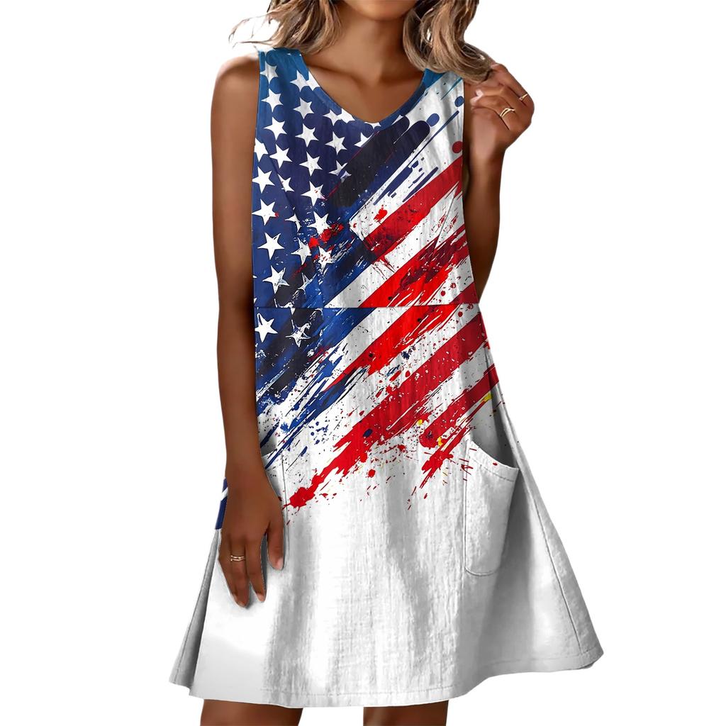 Sommerkleider für Damen Locker Strandurlaub Lässig Ärmellos V-Ausschnitt Sonnnenkleider Mit Taschen Trägerkleid
