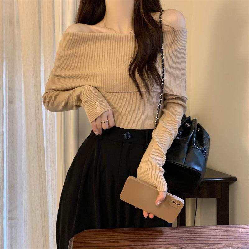 Pure Desire Autumn Knitted Sweater Women's New Niche One-word Shoulder Shirt Popular Long Sleeves