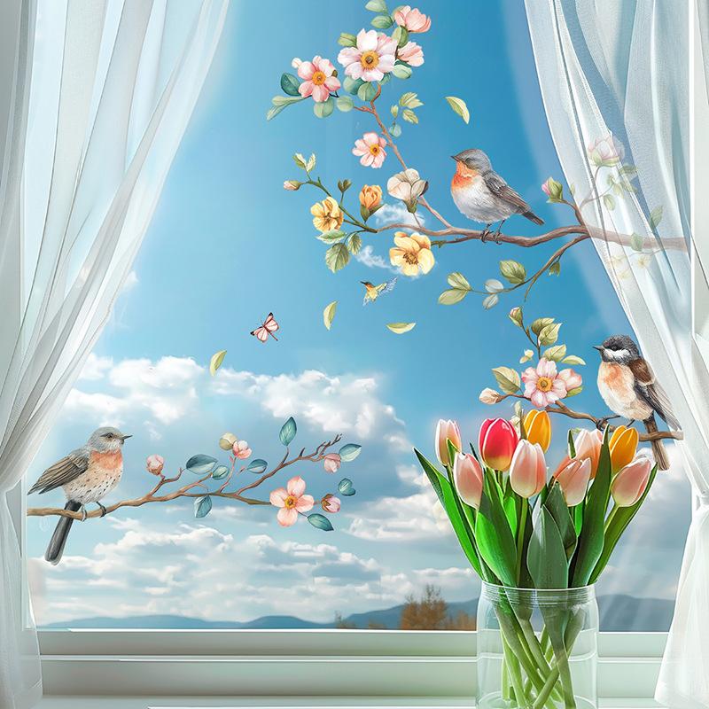 Rosa Blumen Vögel auf Ast Wandaufkleber Selbstklebende Dekoration für Wohnzimmer Schlafzimmer Heimdeko