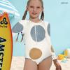Girls High Neck Long Sleeve Front Zip Blue White Printed One Piece Swimsuit