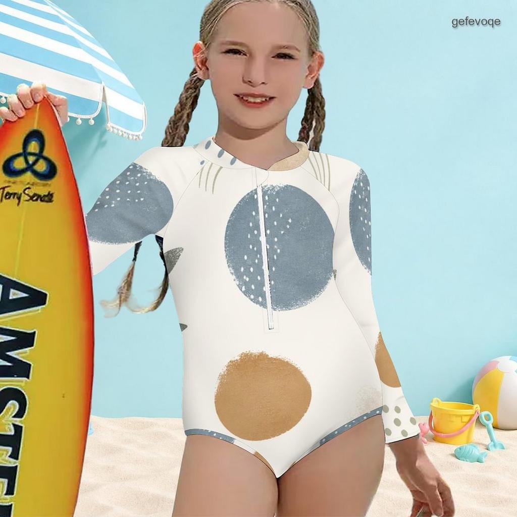 Girls High Neck Long Sleeve Front Zip Blue White Printed One Piece Swimsuit