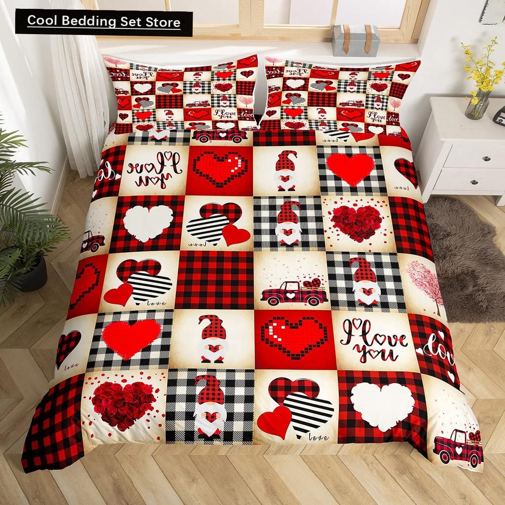 Valentinstag King Bettbezug Romantisches Bettwäsche-Set Kawaii Paar Wichtel Bettdeckenbezug Rosa Rosen Herzen Polyester Steppdeckenbezug