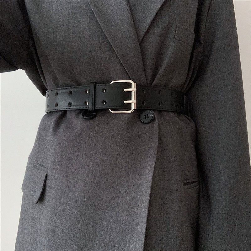 Pu Trendy Black Waist Belt With Double Holes For Vintage Inspired Attire Casual