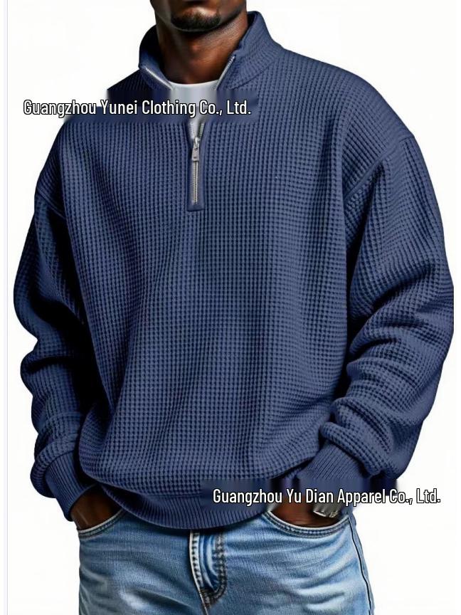 Men's European Style Waffle Knit High Collar Half-Zip Hoodie
