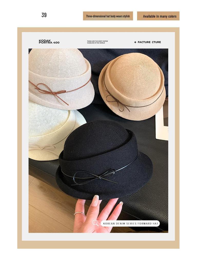 French Hepburn-Style Bowknot Women's Elegance: Rolled Brim Formal Bucket Hat