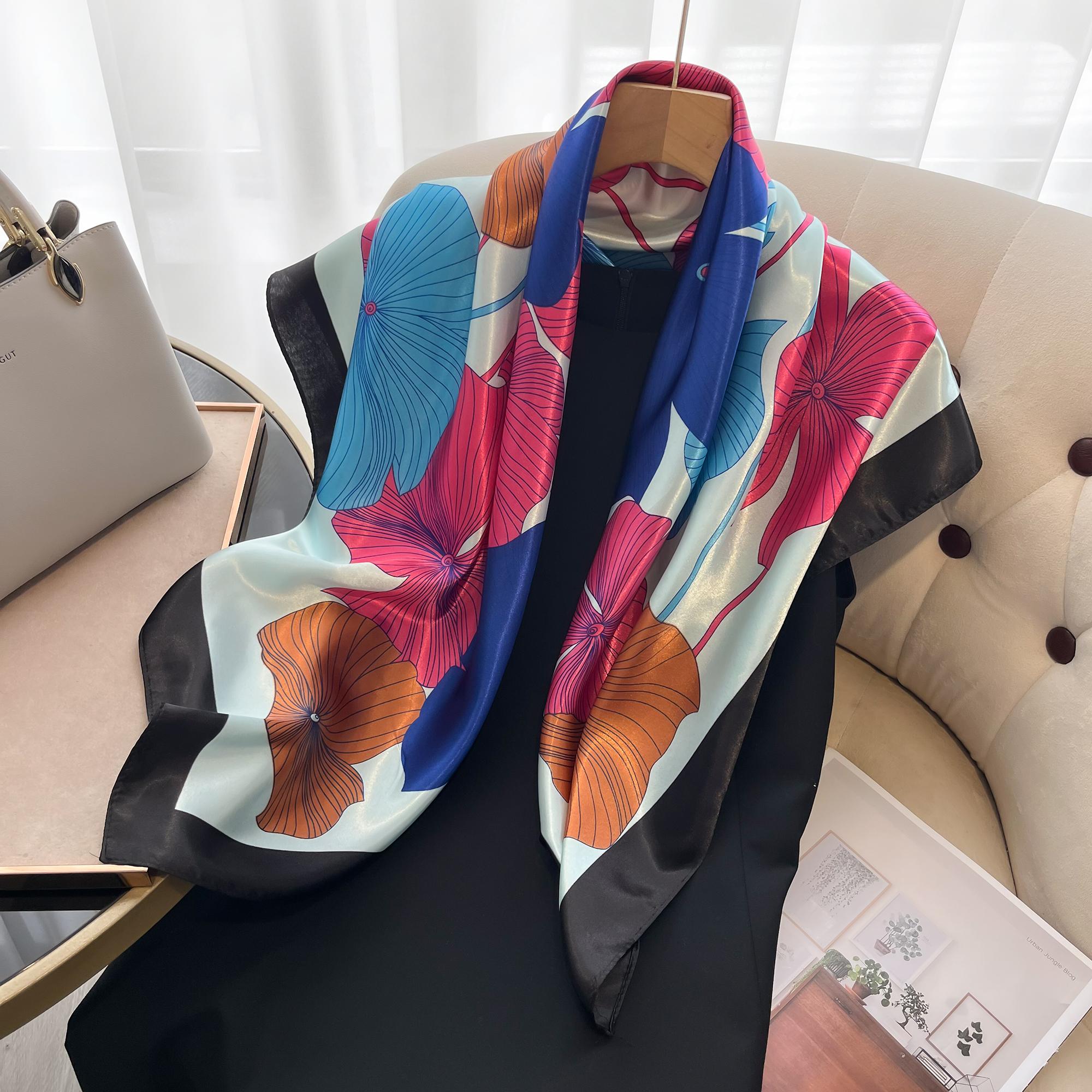 Роскошный Шелковый Платок на Голову Женский Летний Платок Сатиновый Квадратный Платок Хиджаб Для Женщин Платки 90*90 Шелковый Платок Мусульманский Хиджаб