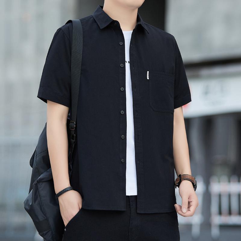 Summer Men's Short Sleeved Shirt Casual Solid Color Thin Washed Shirt