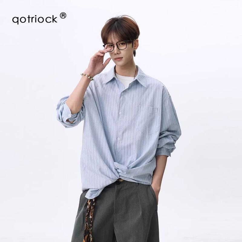 QOTRIOCK Unisex Striped Lapel Shirt Cardigan M