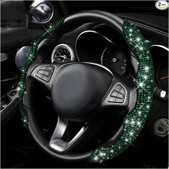 2 PCS Steering Wheel Cover, 15 Inches Crystal Diamond Bling Cover -Green