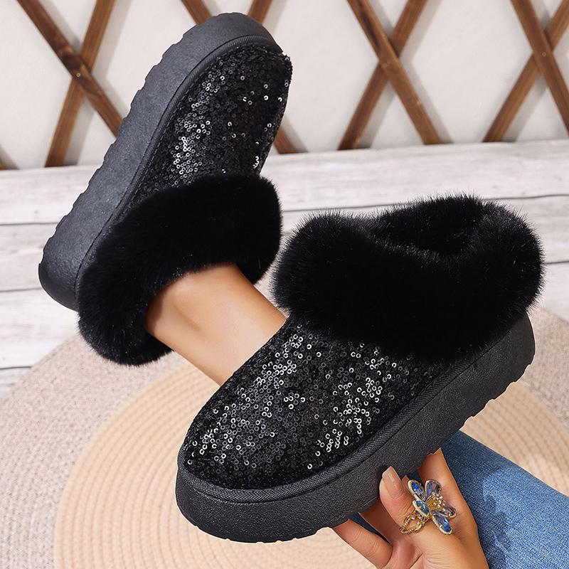 fashion Shiny Sequins Fluffy Plush Snow Boots Women's Warm Padded Slip On Short Boots Trendy Gold Thick Platform Faux Fur Boots