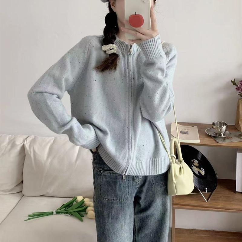 Double Zipper Autumn and Winter Knitted Cardigan Women's Lazy Soft Waxy Crew Neck Knitted Sweater New Long-sleeved Sweater Jacket Women