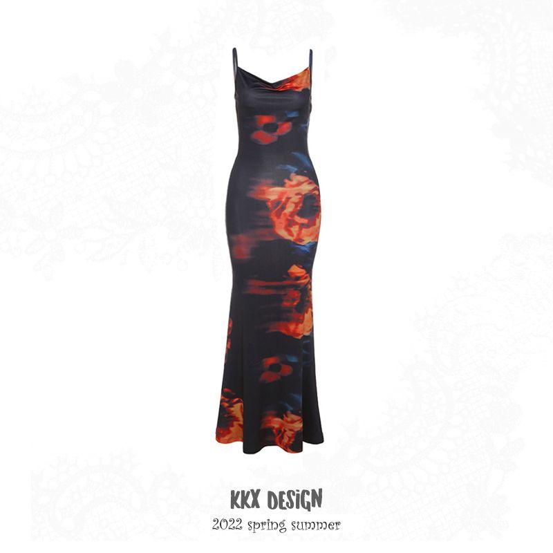 

Y2g Silm Temperament Camisole Summer Print Long Dress Black L