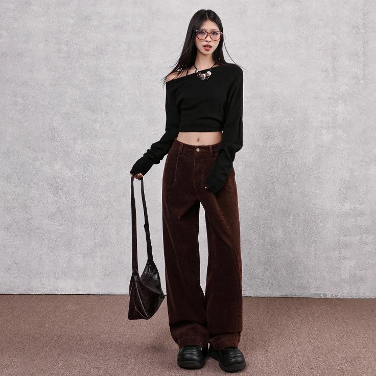 Women's High-Waisted Corduroy Straight-Leg Pants - New Autumn Loose Slimming Drape Design