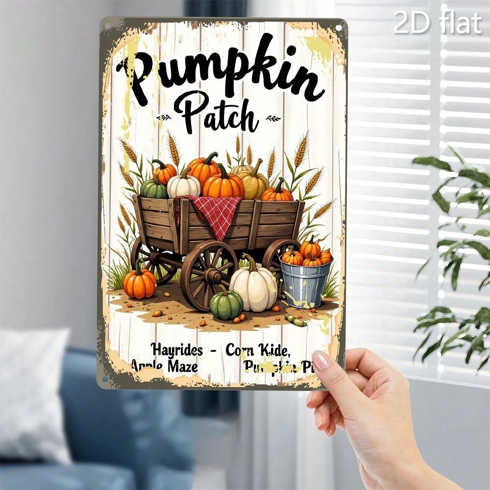 1pc 2D Flat Autumn Pumpkin Harvest Metal Wall Decor, Vintage Farmhouse Plaque with Pumpkin Patch Design, Rustic Fall Thanksgiving