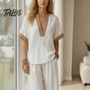 Muskelversteckende Hosen Color Block 2-teilige Sets für Damen, Kurzarm V-Ausschnitt Locker geschnittenes Hemd Damen Oberteil und Weite Hosen Passende Sets, Sommerurlaub