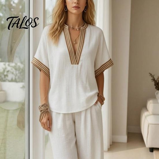 Muskelversteckende Hosen Color Block 2-teilige Sets für Damen, Kurzarm V-Ausschnitt Locker geschnittenes Hemd Damen Oberteil und Weite Hosen Passende Sets, Sommerurlaub