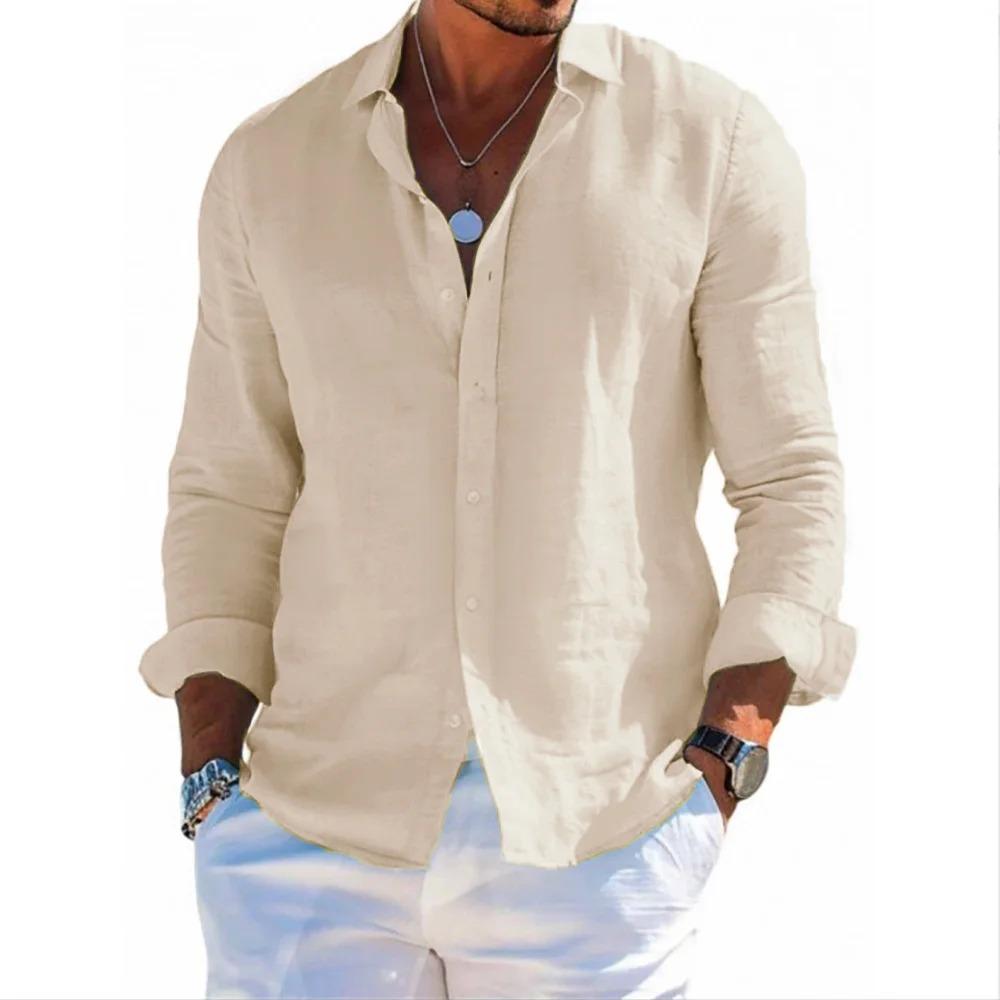 

Чоловіча весняно-літня сорочка з довгим рукавом, суміш бавовни та льону, повсякденний вільний крій, однотонна, комір лацкан, однобортна застібка M