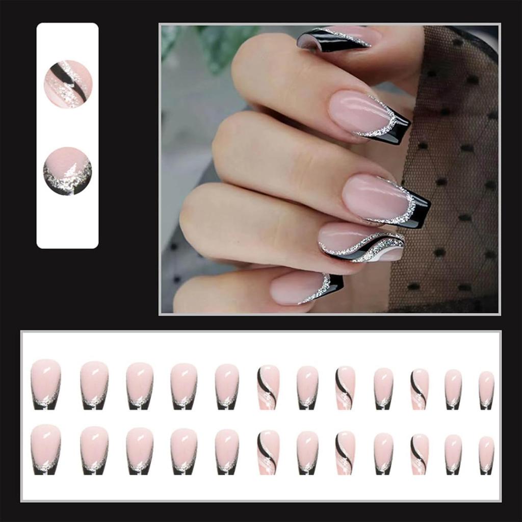 Luxury Resuable Black French Artificial Nails with Glitter Wave Design | Reusable Stick On Nails Set
