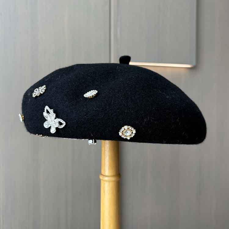 Tide British retro wool woolen rhinestone beret lady three-dimensional painter hat autumn and winter face small pumpkin bud hat