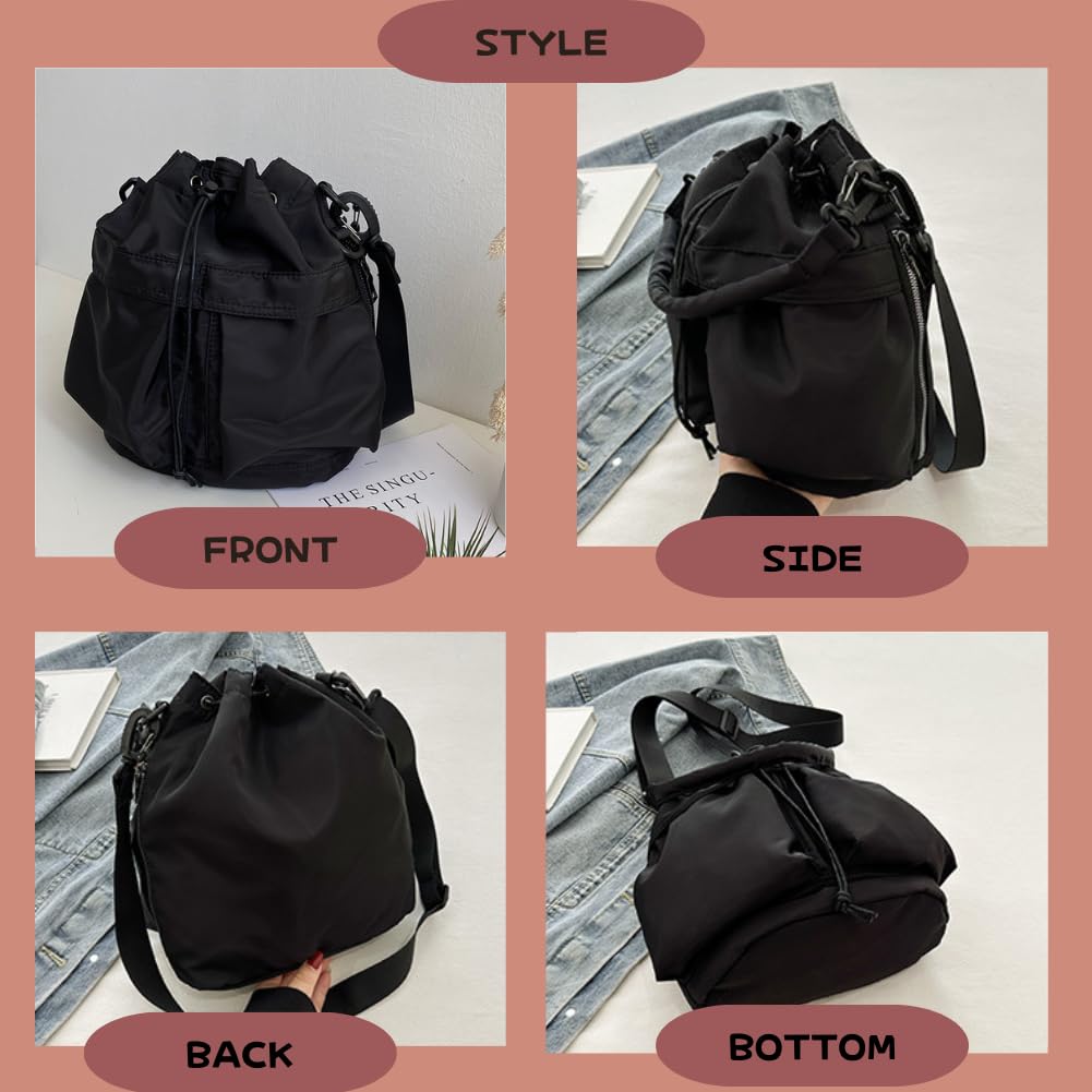 Damen-Nylon-Beutel mit 2-Wege-Kordelzug, ultraleicht, kann in der Hand oder über der Schulter getragen werden, mit einem Kordelzugriemen (schwarz)