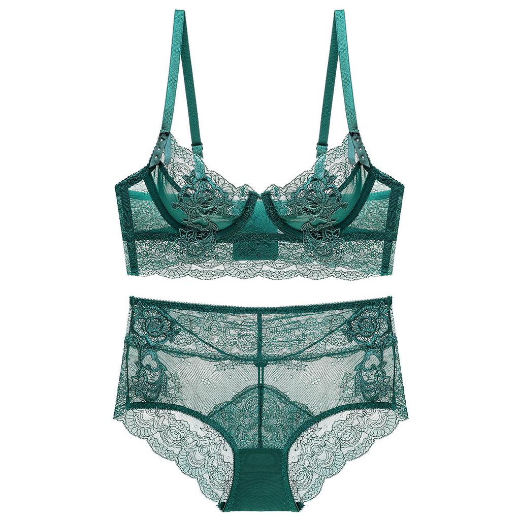 New French Women's Sexy Lingerie Ultra-thin Erotic Gathering Adjustable Lace Bra Set with Side-support Bra