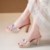 Fashionable High-heeled Fish Mouth Slippers for Summer 2024 with Versatile Bow Decorations and Thick Heels for Women's Sandals