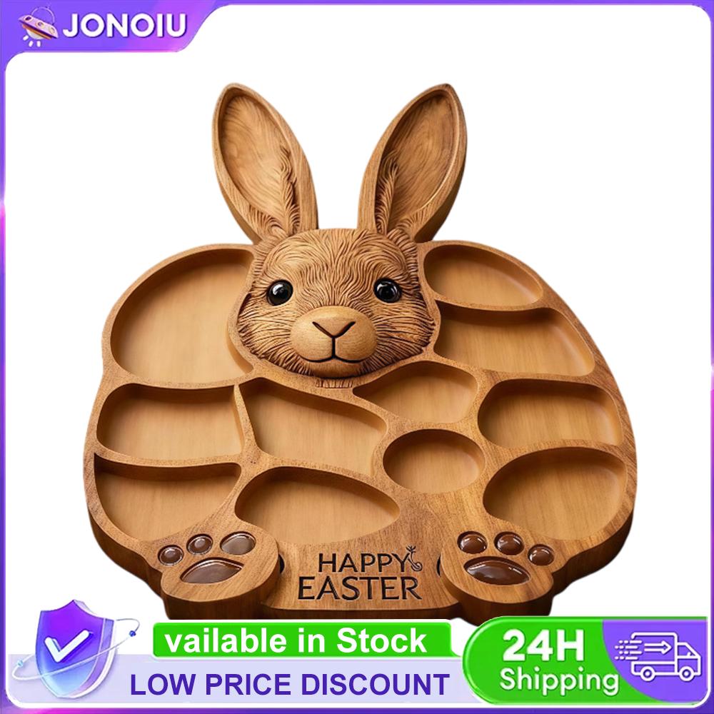 Wooden Cute Rabbit-Shaped Serving Tray with Divided Compartments Rabbit Serving Platter for Spring Home Kitchen Snacks and Fruit