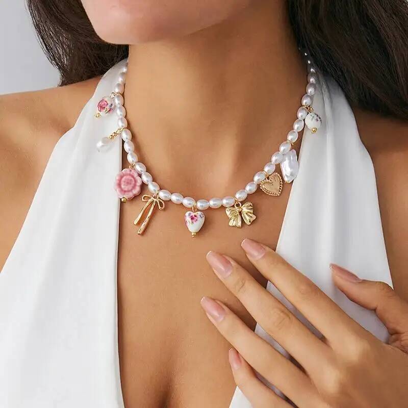 

KunJoe Elegant Imitation Pearl Short Choker Necklace for Women Cute Ceramic Beads Flower Love Heart Pendant Necklace Y2K Jewelry