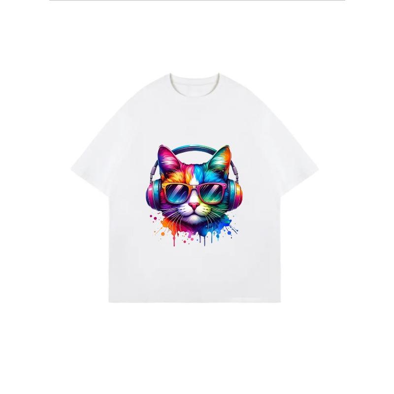White Oversized T Shirt With Colorful Cat Wearing Headphones And Sunglasses Print For Casual Wear