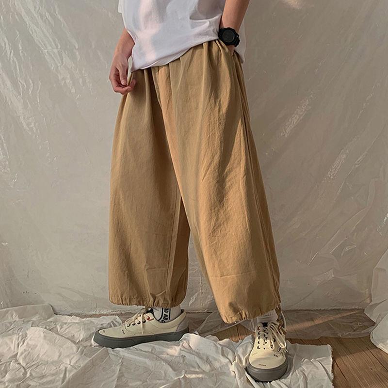 Vintage Solid Color Loose Cotton Men's Cargo Pants Street Casual Drawstring Anklet All-match Casual Male Knickerbockers