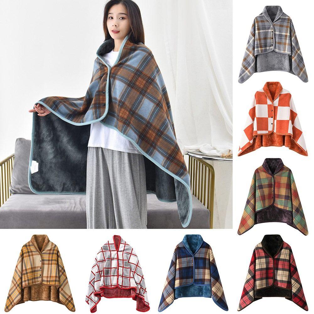 Flannel Multi-function Shawl Blanket Keep Warm Thick Plaid Blanket  for Women and Office Use