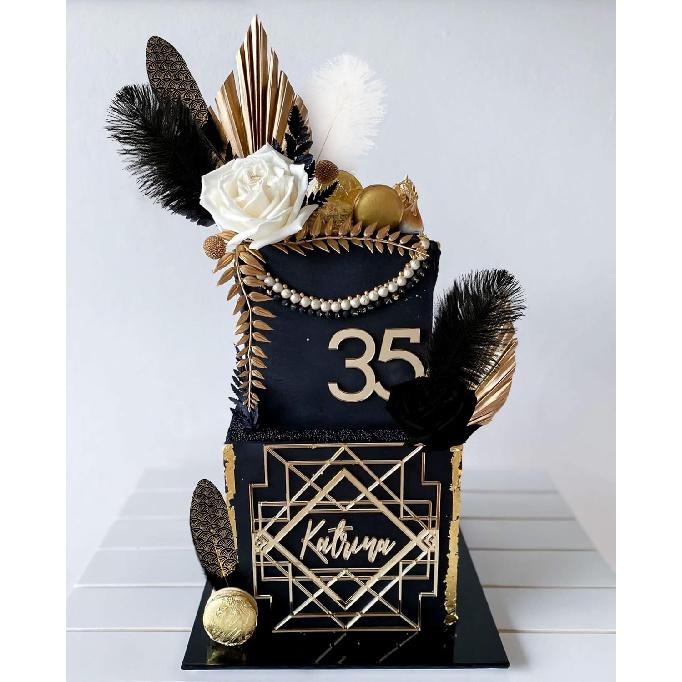 JeVenis Feather Cake Decoration Set - 13 Pieces - Black, White & Gold - Gatsby, 1920s, Formal Event