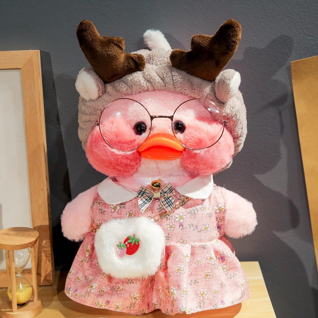 30cm Charming Cafe Pink Duck Stuffed Plush Animals Toy Wear Goggles and Hoodie Soft Doll Girl Birthday Creative Gift for Girls