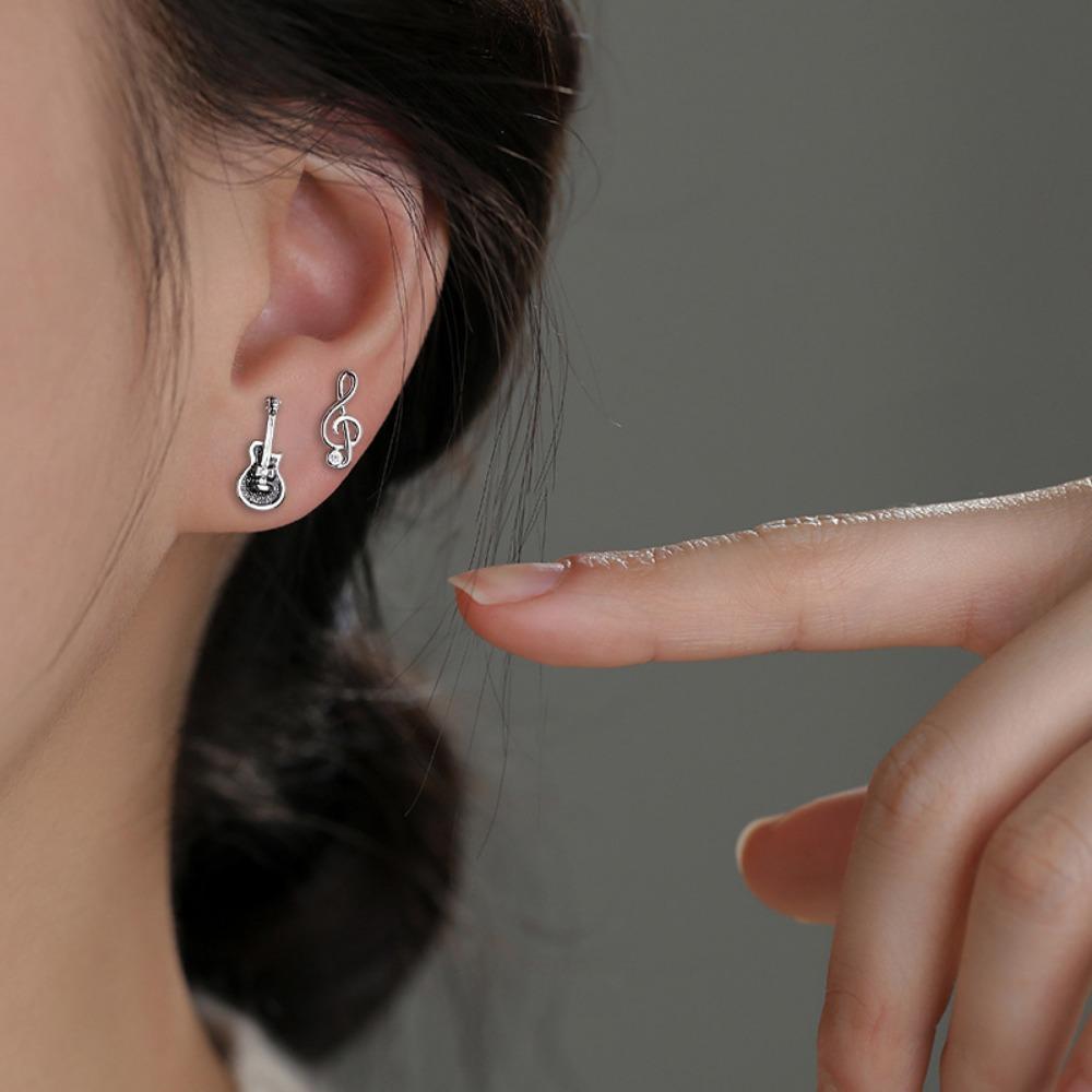 Musical Note Guitar Drip Glaze Ear Bone Nail Y2K Silver Color Small Earrings for Women Cool Girl Jewelry