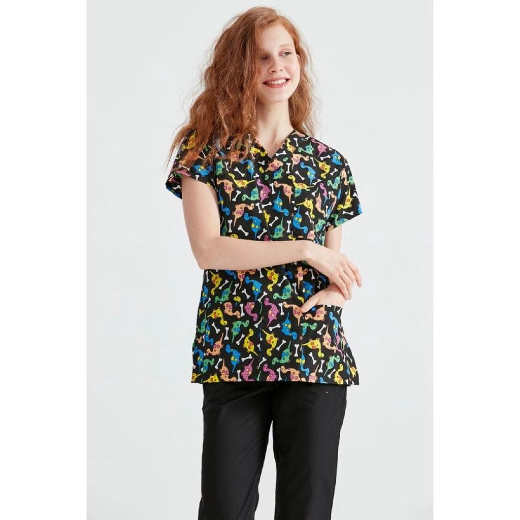 Uniforma chirurgicală cu un singur top cu gât în V din țesătură din lycra cu model de dinozaur